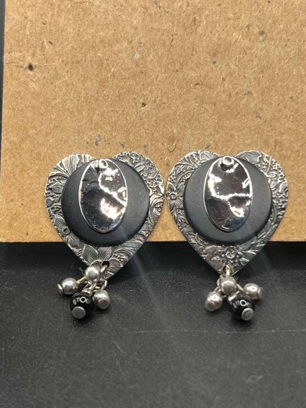 Vintage Silver and Black Heart Drop Earrings